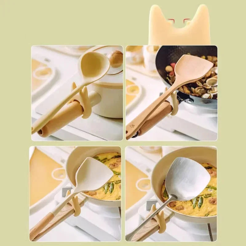 Pot clips holding different spoons and spatulas on pans