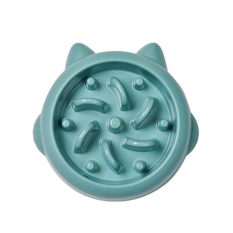 Green cat-ear slow feeder pet bowl with a raised maze pattern