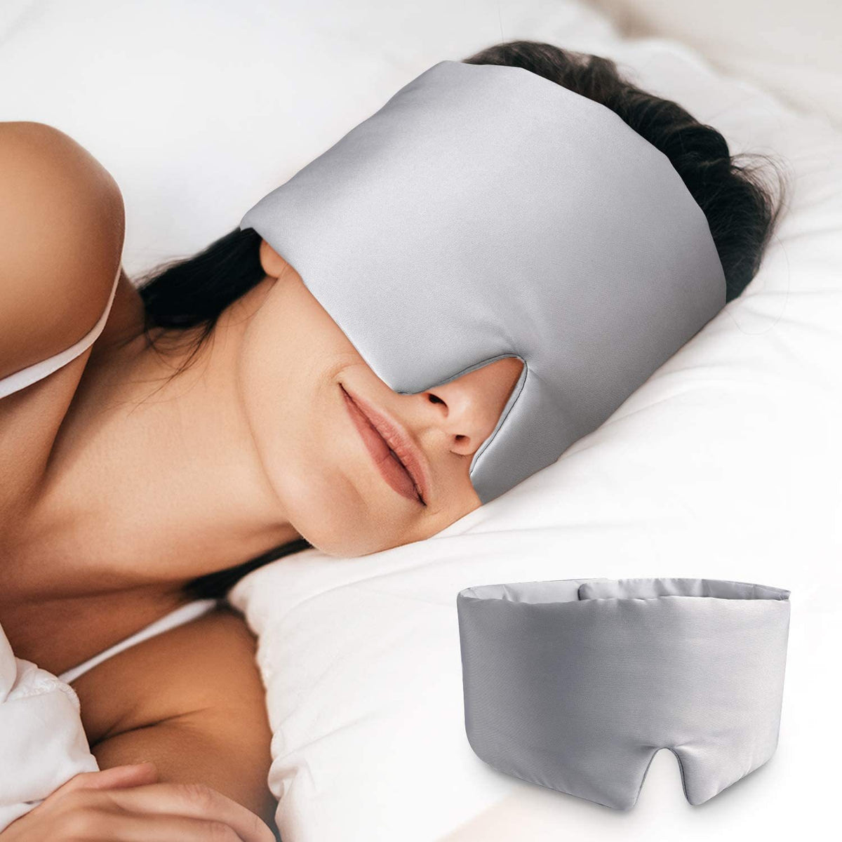 Woman sleeping with the light gray sleep mask
