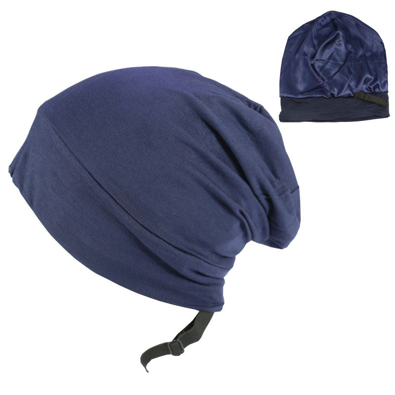 Satin-lined sleep cap in navy blue