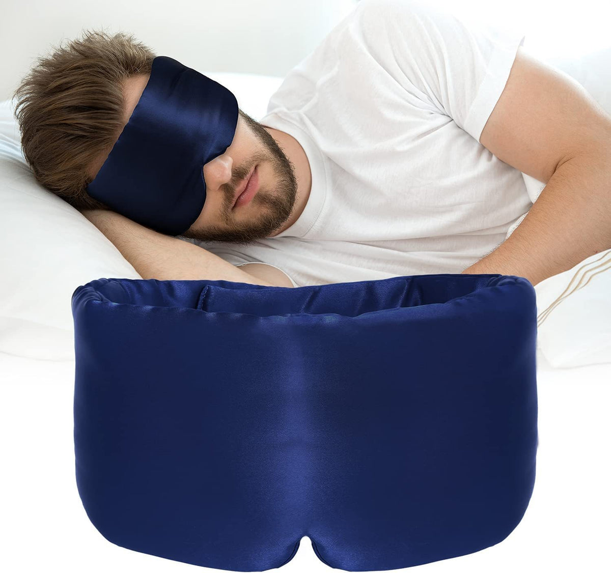 Man sleeping with the blue sleep mask